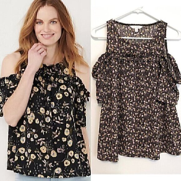 LC LAUREN CONRAD Ruffle Cold Shoulder Top Black Lilac Lavender Multi Floral Boho - Picture 1 of 12